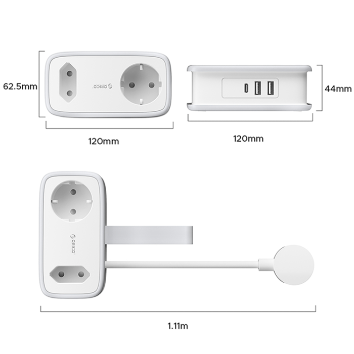 ORICO - Orico 5in1 Grenuttag 15.5W 2xUSB-A 1xUSB-C 2xAC APP - Vit