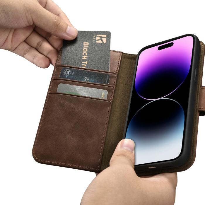 ICARER - iCarer iPhone 14 Pro Max Plånboksfodral Äkta Läder 2in1 Anti-RFID - Brun