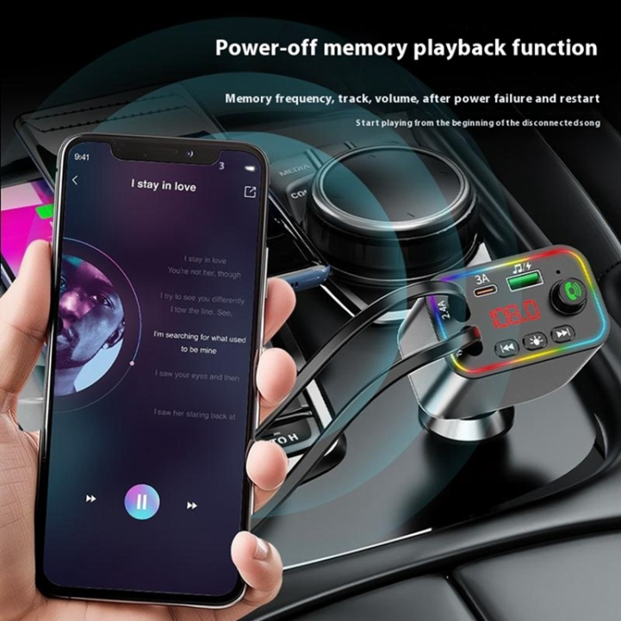 A-One Brand - Billaddare med Infällbart USB-C/Lightning Kabel FM Transmitter