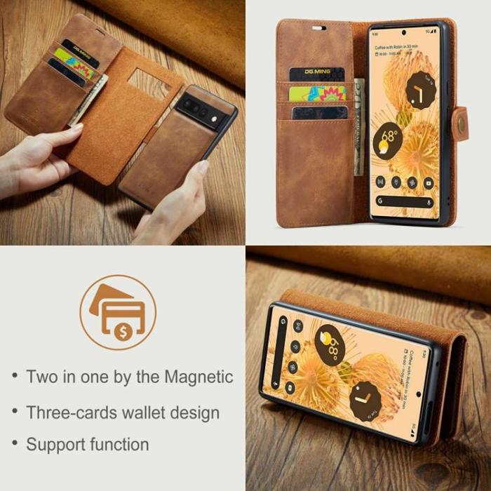 DG.MING - DG.MING Google Pixel 7 Pro Plånboksfodral Detachable 2in1 Äkta läder - Brun