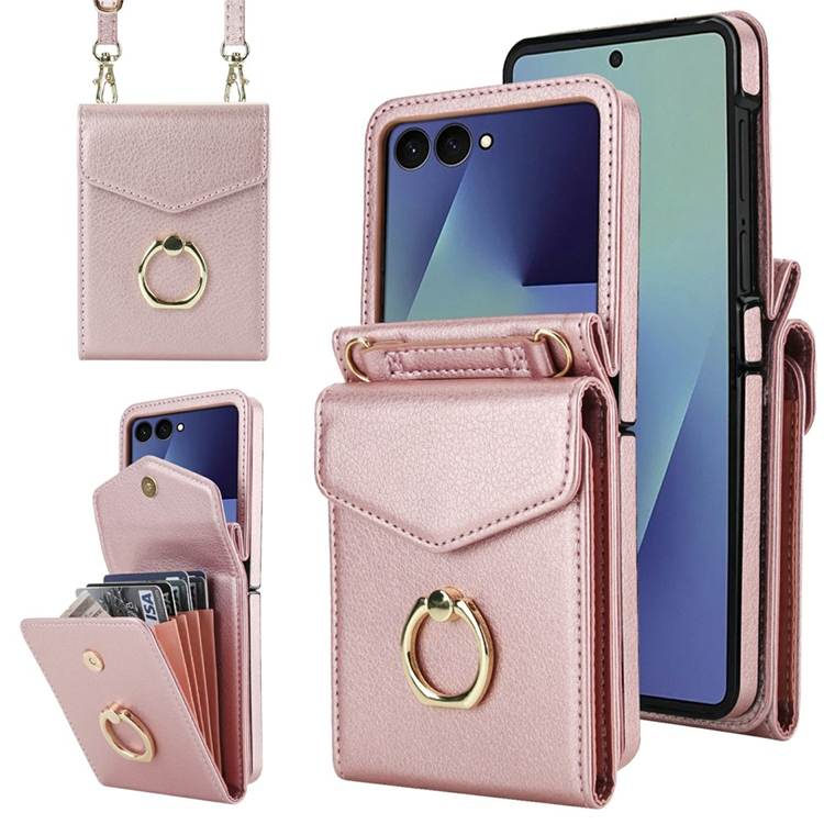 Galaxy Z Flip7 Plånboksfodral Litchi med Axelrem - Roséguld | 2353 | AlltMobil