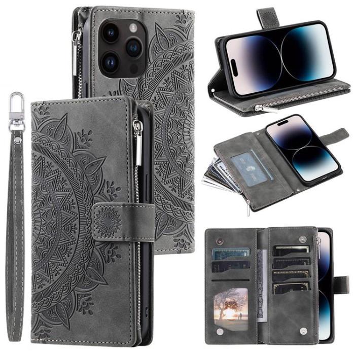 OEM - iPhone 15 Pro Plånboksfodral Mandala Flower Imprinted - Grå