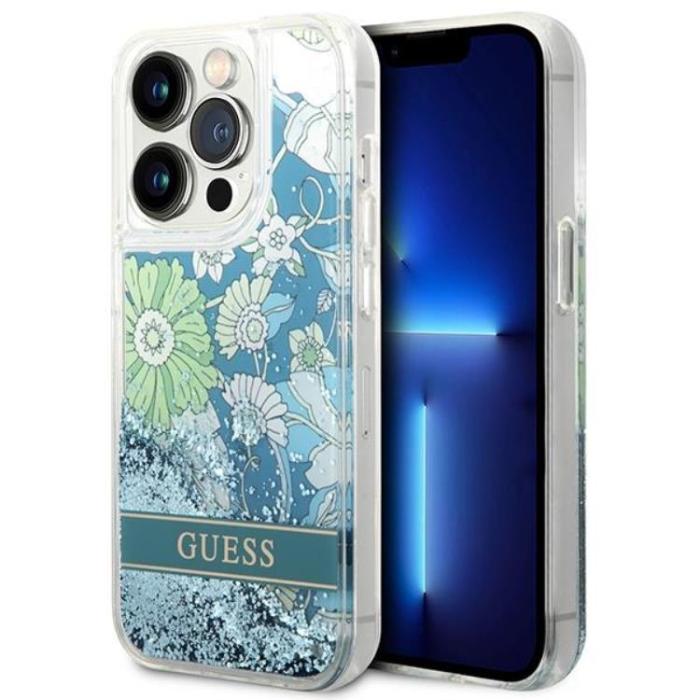 Guess - GUESS iPhone 14 Pro Skal Flower Liquid Glitter - Grön