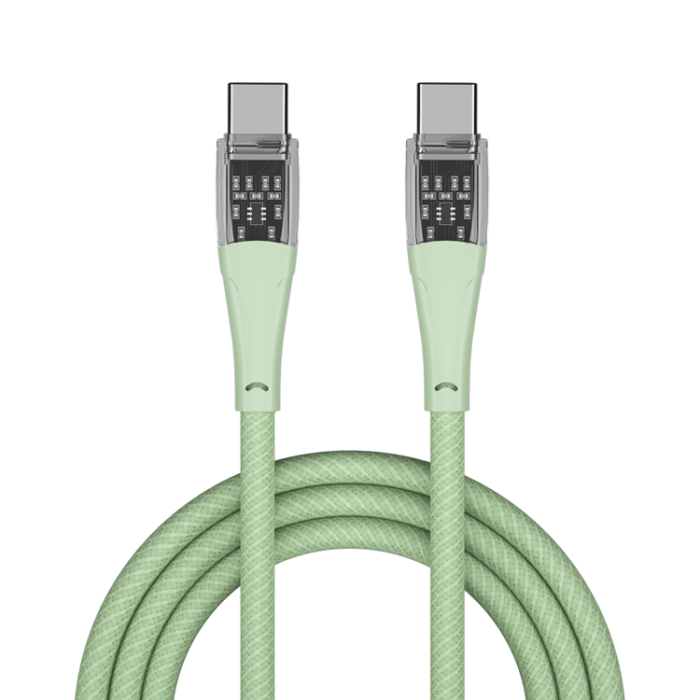 QUALO - QUALO USB-C till USB-C Kabel 1.5m 3A Transparent Nylon - Grön