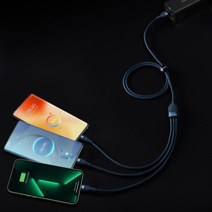 BASEUS - Baseus 3in1 Flash Series USB-C/Micro-USB/Lightning 66W 480Mb/s 1.2m - Blå