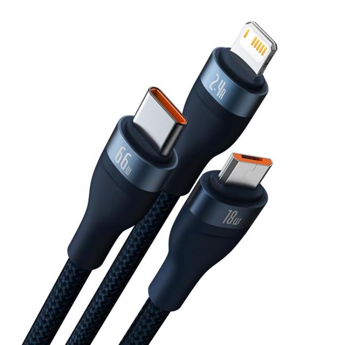 BASEUS - Baseus 3in1 Flash Series USB-C/Micro-USB/Lightning 66W 480Mb/s 1.2m - Blå