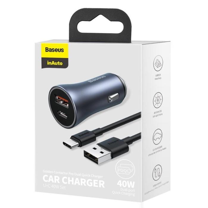 BASEUS - Baseus Golden Billaddare USB/USB-C 40 W USB-C Kabel - Grå