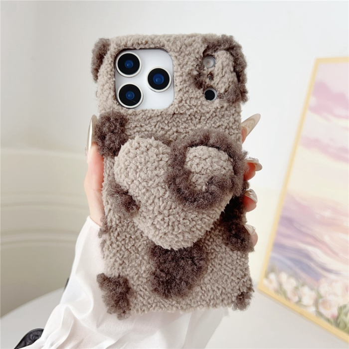 A-One Brand - iPhone 17 Pro Max Mobilskal 3D Heart Plush TPU Winter Warm - Brun