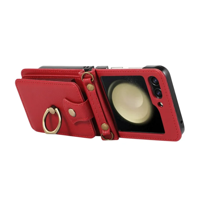A-One Brand - Galaxy Z Flip7 Plånboksfodral Ring Kickstand med Lång rem - Röd