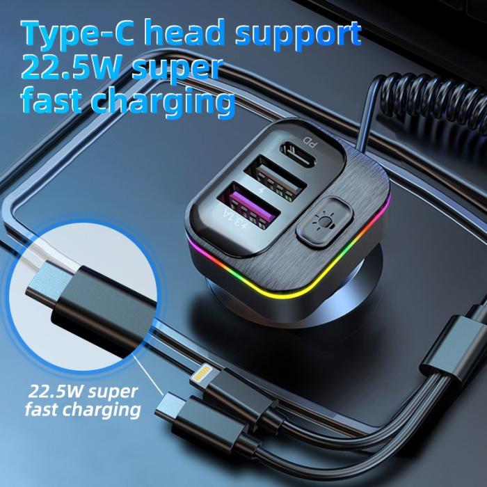 OEM - K12 Snabbladdare 2 USB + 1 Type-C PD Biladapter med Type-C / 8-Pins kabel