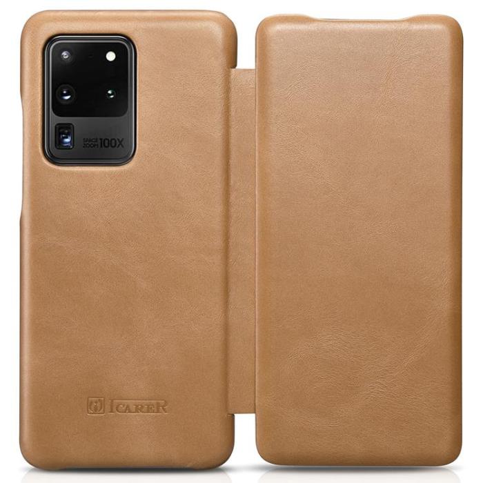 UTGATT1 - iCarer Galaxy S20 Ultra 4G/5G Fodral Vintage Äkta Läder - Guld