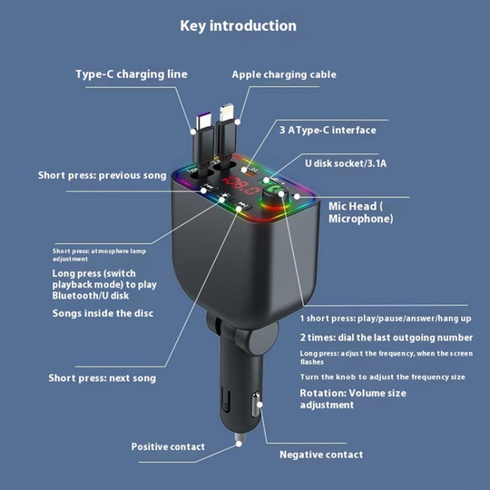 A-One Brand - Billaddare med Infällbart USB-C/Lightning Kabel FM Transmitter