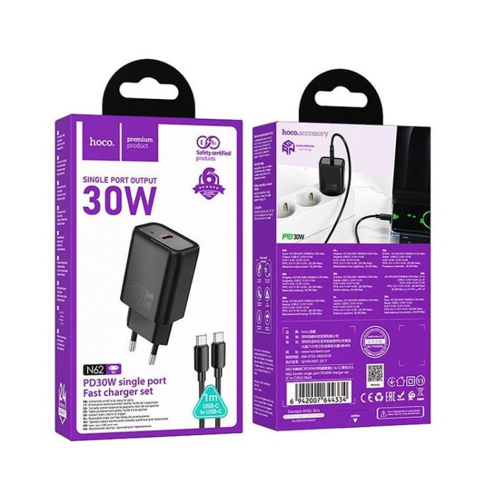 Hoco - HOCO Snabbladdare USB-C 30W USB-C/USB-C Kabel N62 PD QC Svart