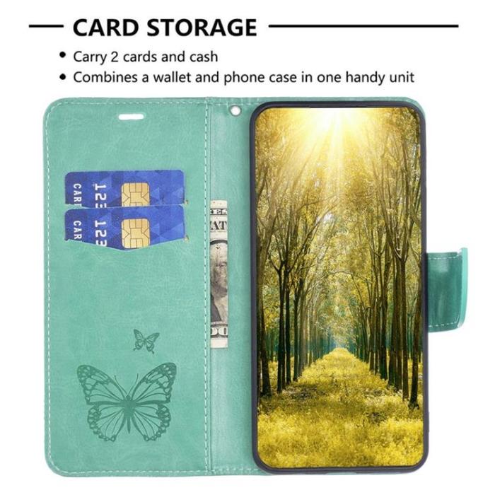 A-One Brand - iPhone 14 Pro Max Plånboksfodral Butterflies Imprinted - Turkos