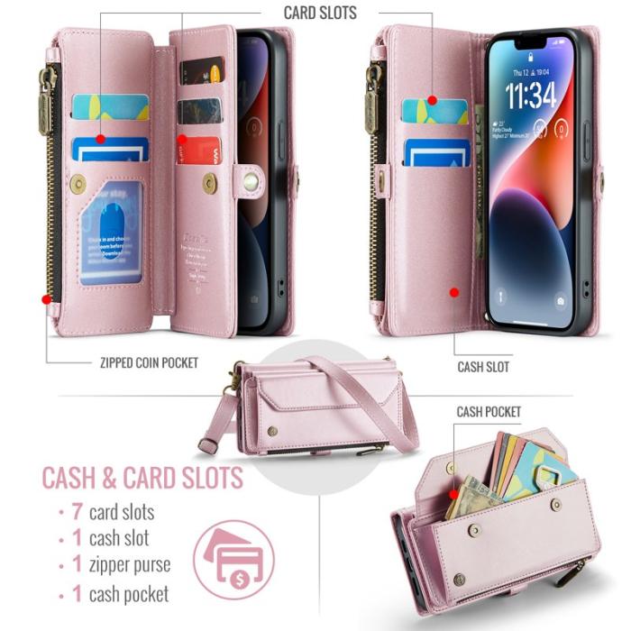 Caseme - CASEME Plånboksfodral Konstläder för iPhone 14 med kortfack - Rosa