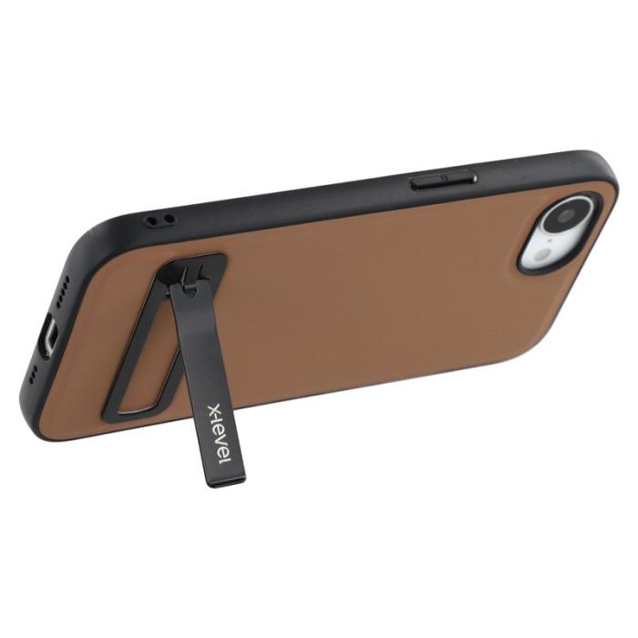 X-Level - X-LEVEL iPhone 16e Fodral Konstläder belagt TPU med Ställ - Brun