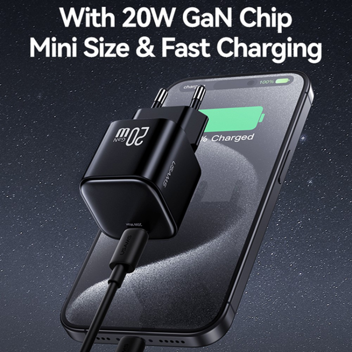 USAMS - USAMS GaN Snabbladdare USB-C 20W CC260 Mini EU - Svart