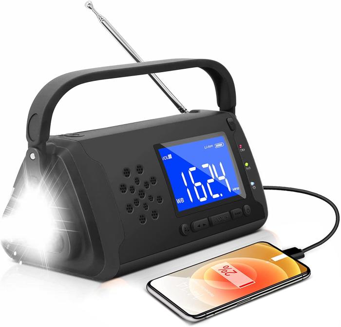 UTGATT5 - Vev-radio 4000mAh Powerbank med LCD Skärm, Solceller, Ficklampa