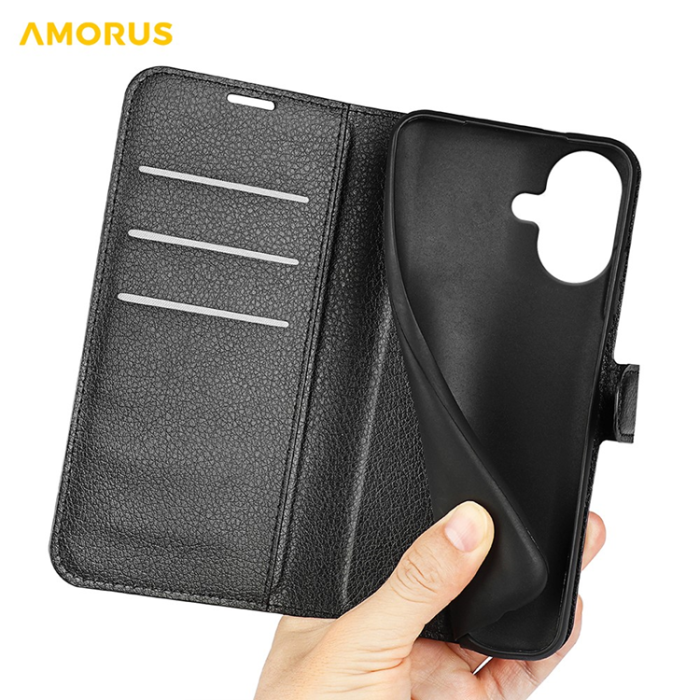 Amorus - AMORUS iPhone 17 Plånboksfodral Flipstativ Litchi - Svart