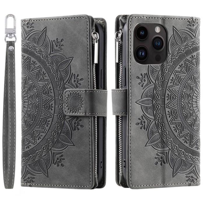 OEM - iPhone 15 Pro Plånboksfodral Mandala Flower Imprinted - Grå