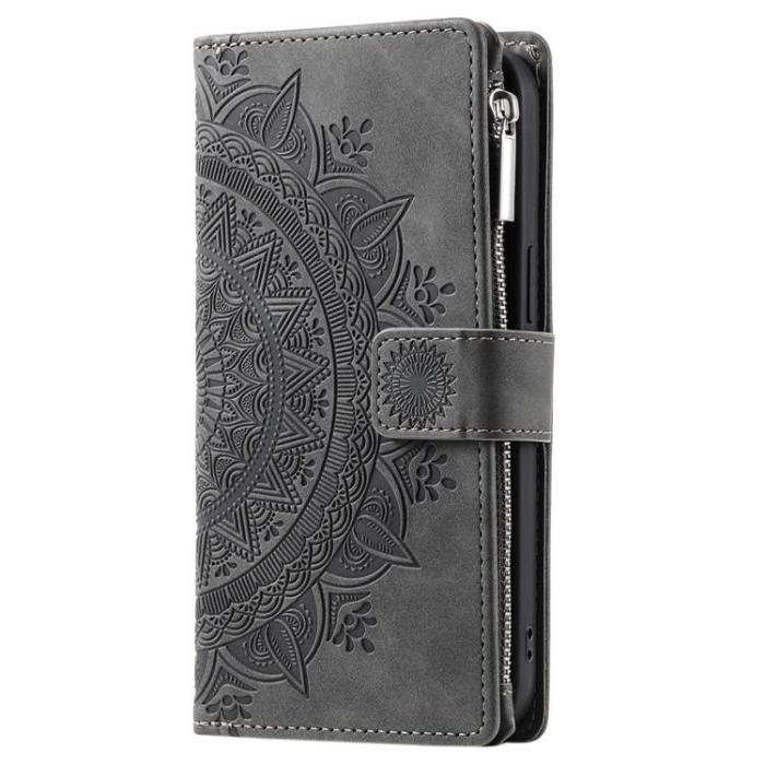OEM - iPhone 15 Pro Plånboksfodral Mandala Flower Imprinted - Grå