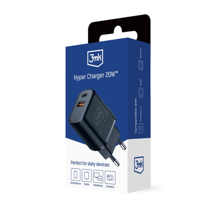 3MK - 3MK Väggladdare 20W USB-C USB-A Hyper - Svart