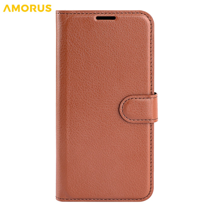 Amorus - AMORUS iPhone 17 Pro Max Plånboksfodral Flipstativ Litchi - Brun