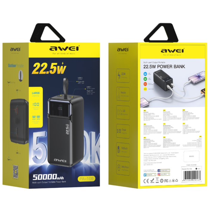 Awei - Awei Powerbank 50000mAh 22.5W 3xUSB-C PA-106 - Svart