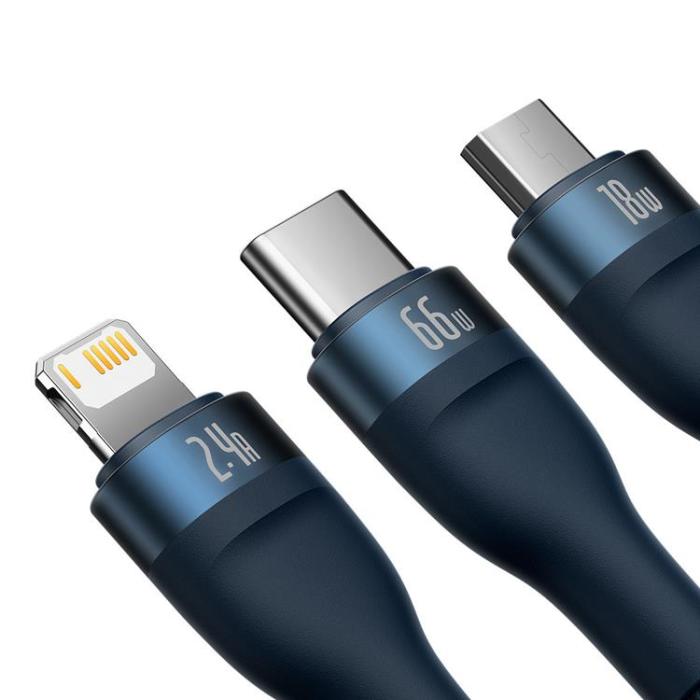 BASEUS - Baseus 3in1 Flash Series USB-C/Micro-USB/Lightning 66W 480Mb/s 1.2m - Blå