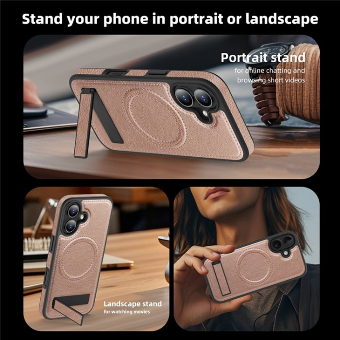 A-One Brand - iPhone 17 Mobilskal MagSafe Kickstand Läder - Roséguld