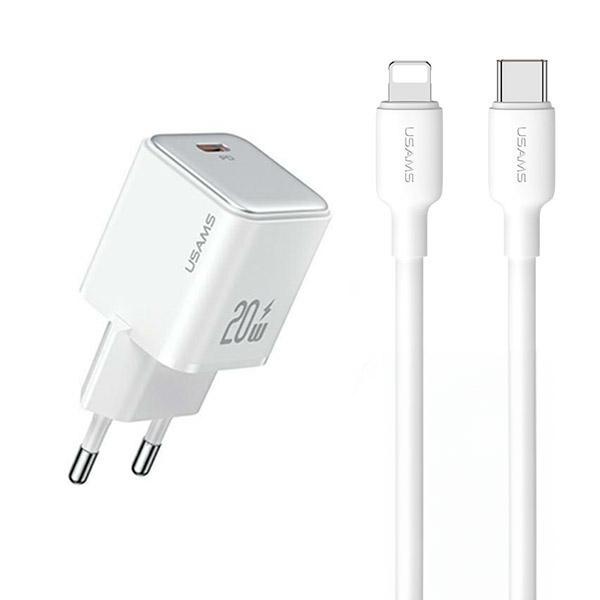 USAMS Väggladdare PD20W + USB-C/Lightning (US-CC183+US-SJ610) - Vit