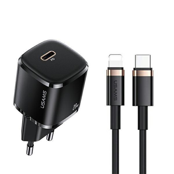 USAMS Väggladdare T36 Mini 20W USB-C/Lightning (US-CC124+SJ484) - Svart