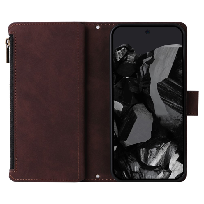A-One Brand - Google Pixel 9 Pro XL/10 Pro XL Plånboksfodral Zipper med Strap - Coffee