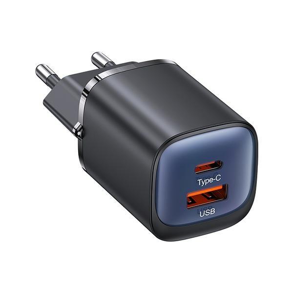 USAMS Väggladdare CC254 30W GaN USB-C/USB-A HC-serien CC254TC01 – Svart