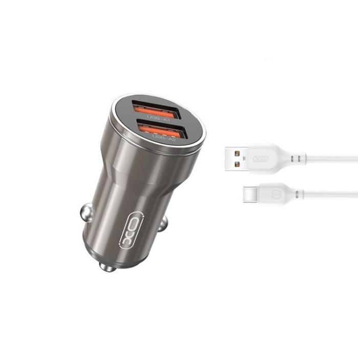 XO - XO Billaddare 2x USB 2,4A + USB-C Kabel CC48 - Grå
