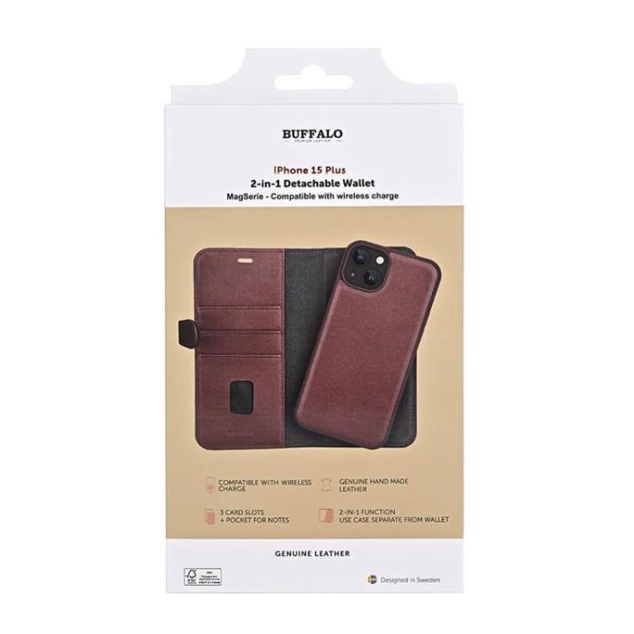 BUFFALO - BUFFALO äkta läder iPhone 15 Plus Plånboksfodral 3 Kort Magsafe - Brun