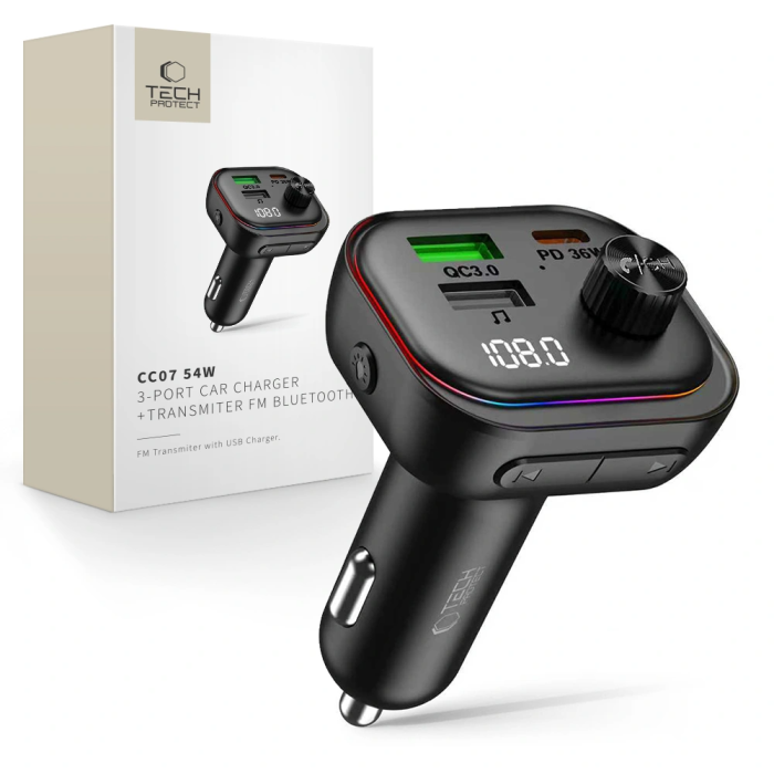 Tech-Protect - Tech-Protect Billaddare CC07 3-Port PD 54W + Sändare Fm Bluetooth - Svart