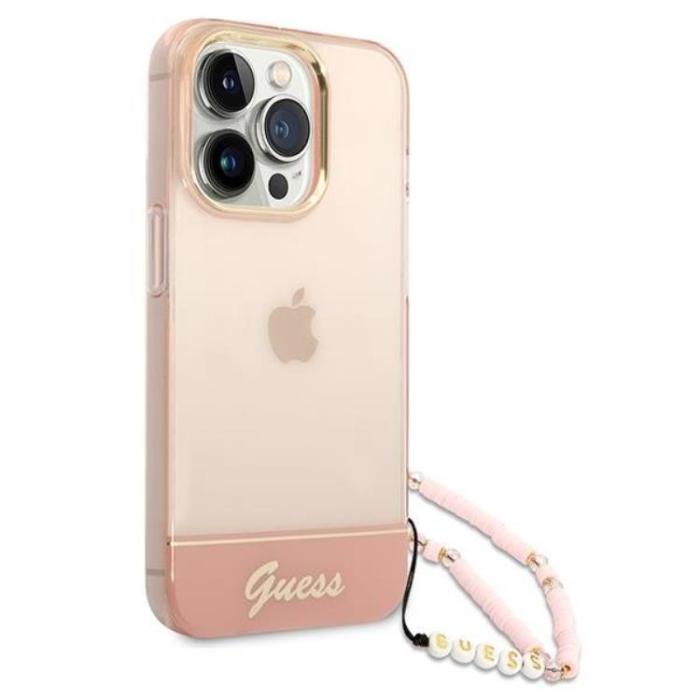 Guess - GUESS iPhone 14 Pro Max Skal Translucent Pearl Strap - Rosa