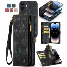 Caseme - CASEME 008 iPhone 12 Konstl&auml;der Pl&aring;nboksfodral med dragkedja och st&auml;ll - Svart