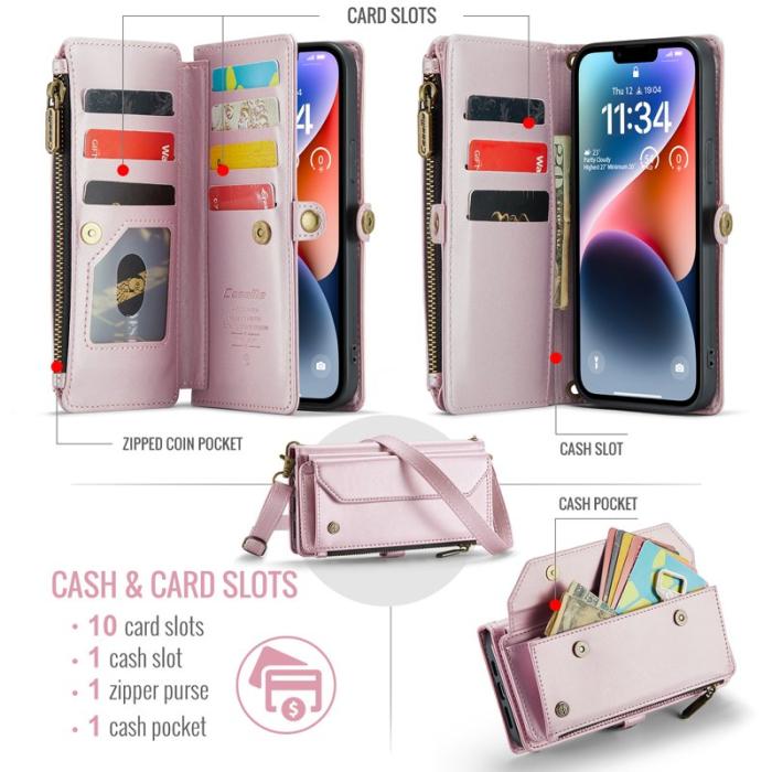 Caseme - CASEME Plånboksfodral Konstläder för iPhone 14 Plus med kortfack - Rosa
