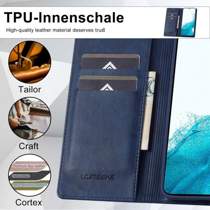 LC.imeeke - LC.IMEEKE Samsung Galaxy S21 FE Konstläder Plånboksfodral - RFID-Skydd - Blå