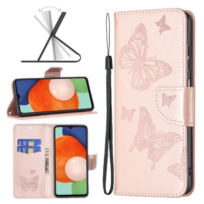 A-One Brand - Butterfly Imprinted Plånboksfodral Galaxy A13 4G - Rosa Guld