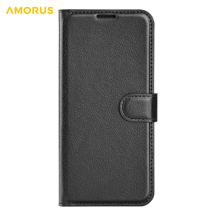 Amorus - AMORUS iPhone 17 Plånboksfodral Flipstativ Litchi - Svart