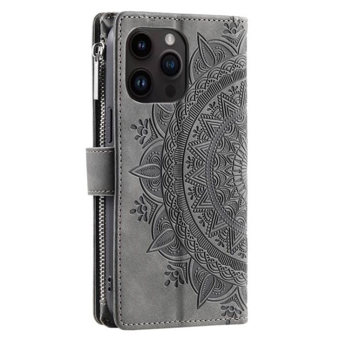 OEM - iPhone 15 Pro Plånboksfodral Mandala Flower Imprinted - Grå