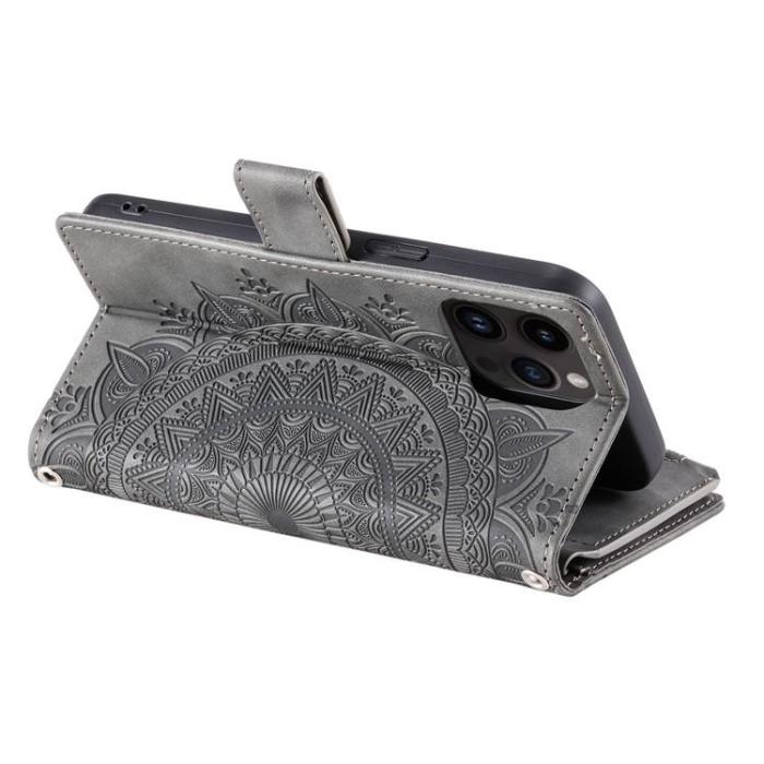 OEM - iPhone 15 Pro Plånboksfodral Mandala Flower Imprinted - Grå