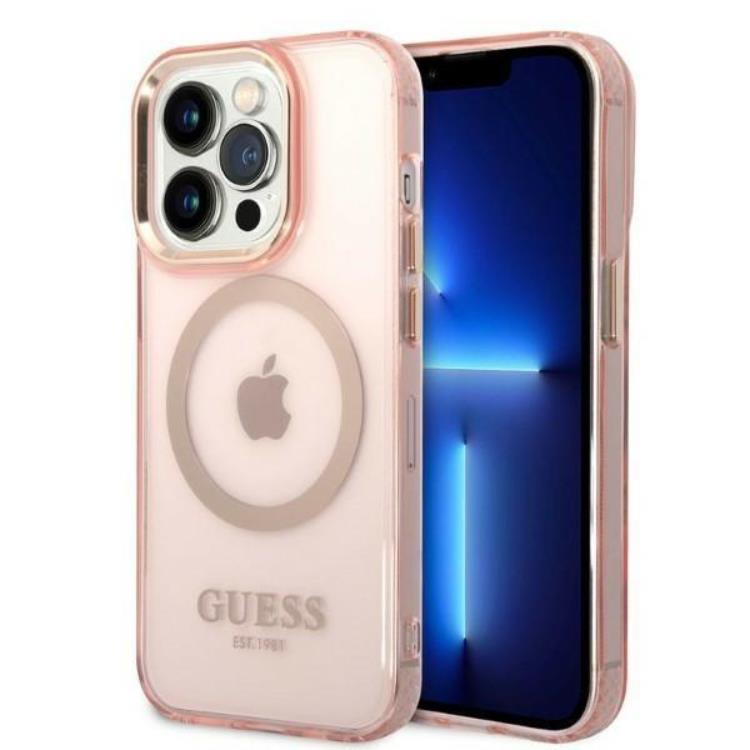 GUESS iPhone 14 Pro Skal MagSafe Gold Outline Translucent - Rosa | 2353 | AlltMobil