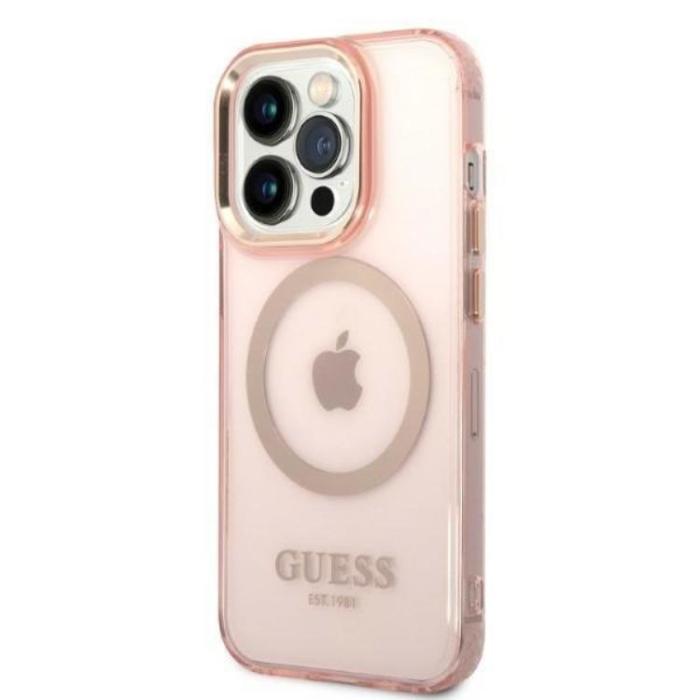 Guess - GUESS iPhone 14 Pro Skal MagSafe Gold Outline Translucent - Rosa