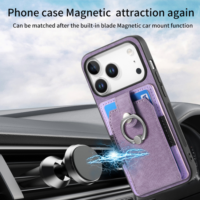 A-One Brand - iPhone 17 Pro Mobilskal med Korthållare Läder Kickstand - Lila