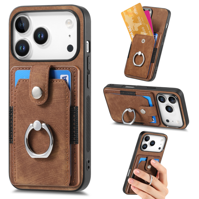 A-One Brand - iPhone 17 Pro Mobilskal med Korthållare Läder Kickstand - Brun