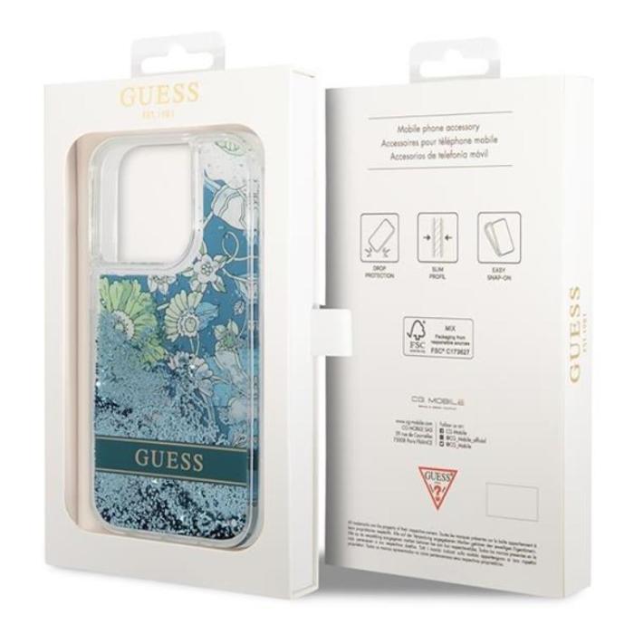 Guess - GUESS iPhone 14 Pro Skal Flower Liquid Glitter - Grön